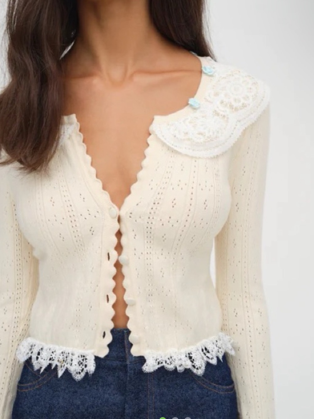 For Love & Lemons Cream Lace-Trim V-Neck Cardigan